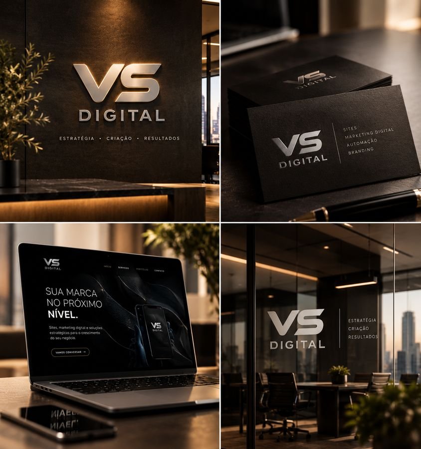 Identidade visual da VS Digital em placa, cartão e site