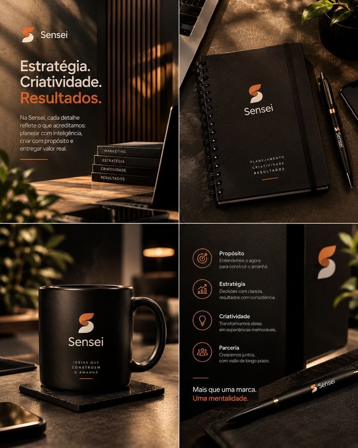 Identidade visual da Sensei em caderno, caneca e caneta